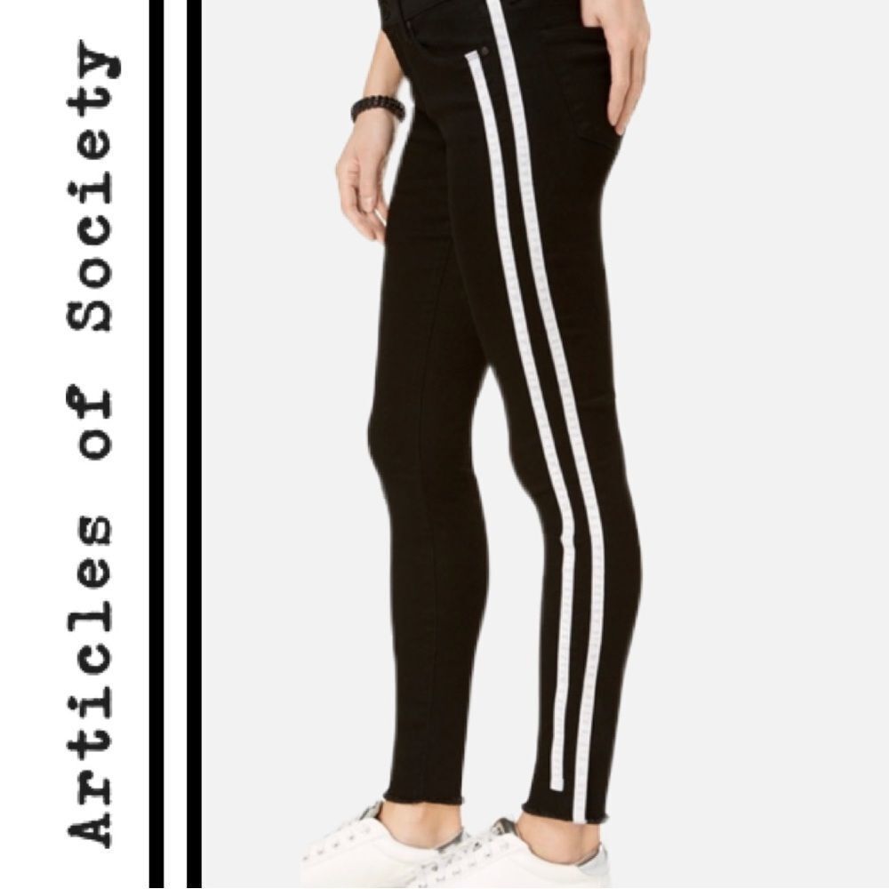 Article of Society Women’s Black Tuxedo Raw Hem Jeans w/ White Stripes - Size 25